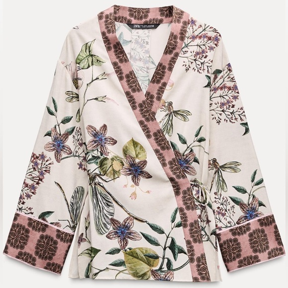 ZARA Floral Printed Kimono Top Cardigan ivory Brown  Womens Small New 8863/196 - Picture 1 of 11